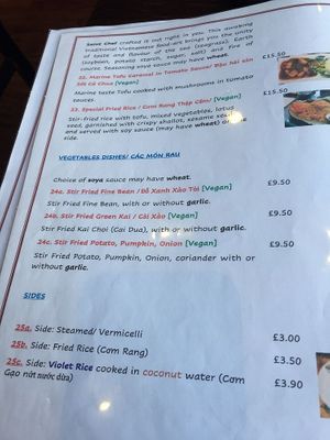 menu at Sen Viet Vegan in Edinburgh