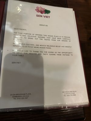 Menu   at Sen Viet Vegan in Edinburgh