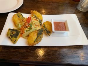 Ha Long cakes with noodle salad and peanut sauce. at Sen Viet Vegan in Edinburgh