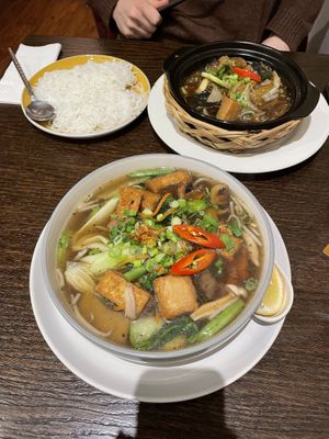 Special pho and banana and caramel clay pot  at Sen Viet Vegan in Edinburgh