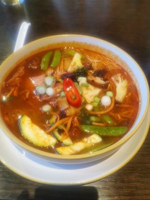 Hue spicy noodle soup at Sen Viet Vegan in Edinburgh
