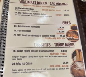 Menu page with desserts at Sen Viet Vegan in Edinburgh