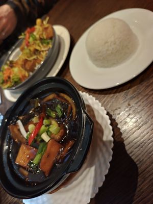 Lemon grass and chilli tofu, caramelised green banana and 'fish' hot pot at Non Viet Vegan in Edinburgh