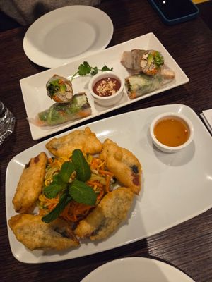 Tofu summer rolls and fried fish with mango salad starters at Non Viet Vegan in Edinburgh