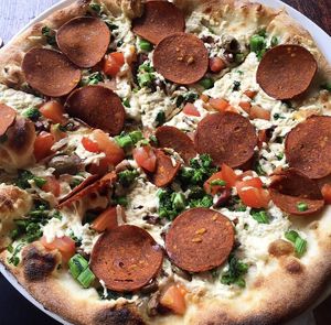 Meat-less pizza  at Roscoe's Pizzeria in Takoma Park