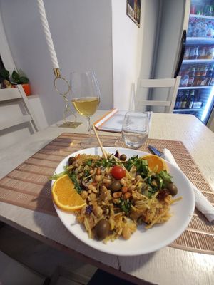 Vegetarian bras and douro white wine. at Coisas da Lena in Coimbra