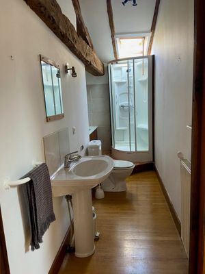 The shared bathroom, located upstairs. There are also toilets on the ground floor.  at La Colline aux Licornes in Montbron