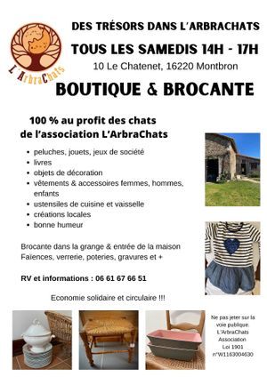 La Colline aux Licornes hosts Des Trésors dans L'ArbraChats, a brocante and shop fully benefiting the cats rescued by the association L'ArbraChats. As our guest, you will be able to visit it outside our official hours.  at La Colline aux Licornes in Montbron