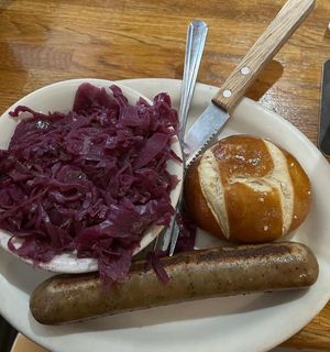 Vegan Brat with cabbage and bread at Mr Dunderbak's Biergarten and Brewery in Tampa