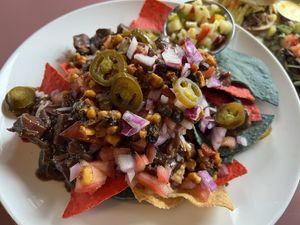 Vegan nachos with jackfruit   at Kingston Kitchen at the Village Inn in Mackinac Island