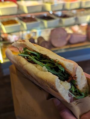 Focaccia with mashed potatoes, caramelized onions, sun-dried tomatoes, and ruccola. at I' Bacaro de' Bischeri in Venice