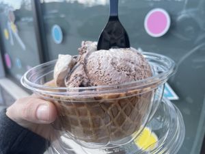 Vegan Caramel Fudge with vegan cone   at Coney Waffle in Brooklyn