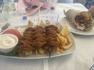 Meatless “plate” (right) and wrap (right)  at Piatsa Souvlaki Grill House Oia in Oia