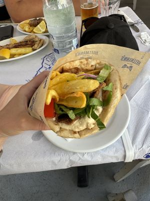 Vegan meatless gyros  at Piatsa Souvlaki Grill House Oia in Oia