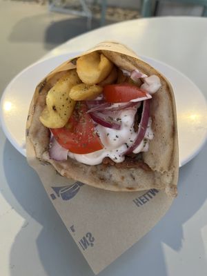Mega meat gyros with vegan sauce  at Piatsa Souvlaki Grill House Oia in Oia