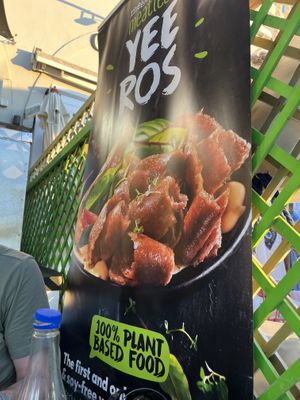 Big plant based sign for Mega Meatless  at Piatsa Souvlaki Grill House Oia in Oia