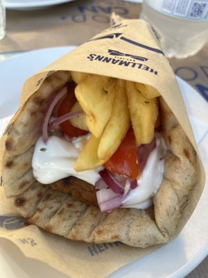 Mega meatless souvlaki wrap with vegan sauce  at Piatsa Souvlaki Grill House Oia in Oia