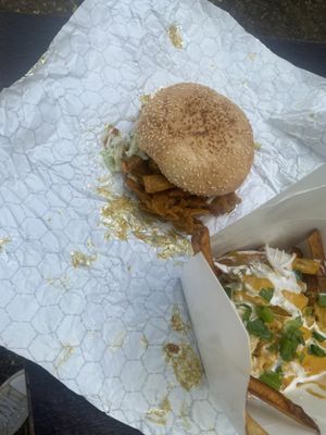 Awful picture of the chicken sandwich and fries  at Vegan Van @ Park Hill Kitchens in Denver