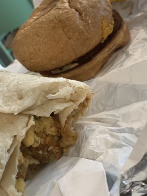 stevie chix and chorizo egg & cheese sandwich omnomnomnomnom   at Vegan Van @ Park Hill Kitchens in Denver