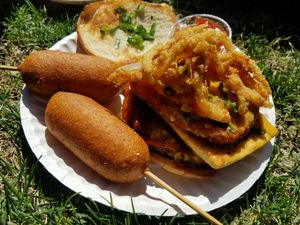 Burger and corn dogs! at Vegan Van @ Park Hill Kitchens in Denver