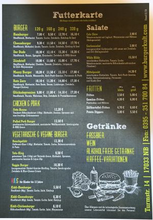Menu.  at Burgerkult in Neubrandenburg