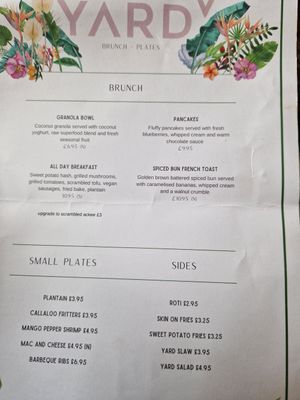 Menu (one side) at Yard V in West London