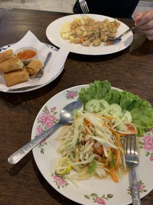 Papaya Salad, Vegetable spring rolls and Tofu and Pineapple Rice  at Testy Conner in Koh Phangan