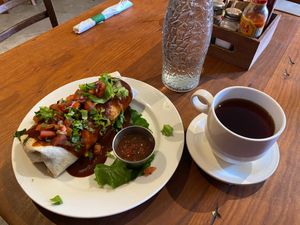 Vegan burrito and herbal chai tea at Old Town Red Rooster Cafe in Cottonwood