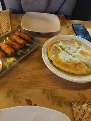 Spinach pie and fried eggplant pies at Art & Taste in Rhodes