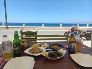 Garlic mushrooms, black eye pea salad, chickpea fritters, hummus and aubergine salad. at Art & Taste in Rhodes