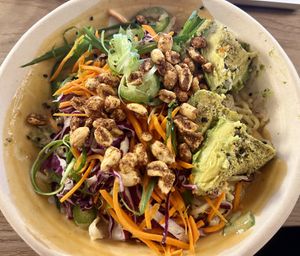 Thai Peanut Noodles noodle bowl with (optional) everything avocado add-on   at Life Alive Organic Cafe in Cambridge