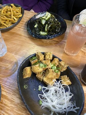 Salt and togarashi chilli tofu, cucumber and wakame salad, truffle fries  at Ikigai Ramen in Edinburgh