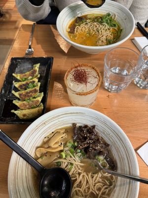 Top: Vegantan (spicy), bottom: Fauxkotsu. Side of Yasai Gyoza (also vegan) and a Tagarashi Margarita. We loved it so much we wanted to eat more. We ordered one to go    at Ikigai Ramen in Edinburgh