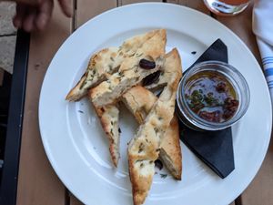 Lemon and kalamata focaccia at Jardin in Madison