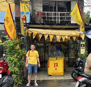 My husband matches the decor! 😂  at Mae Orathai Vegetarian in Phuket