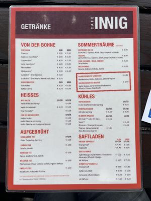 Speisekarte Getränke 1  at Café INNiG in Rosenheim