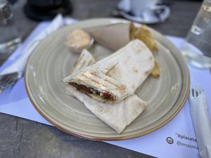 Pita bread with grilled vegetables and vegan cheese - Enasma Cafe, Lake Agia  at Enasma Cafe in Crete