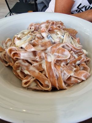 Beet pasta and mushroom sauce at Muaz Vegetarian in Kyrenia