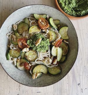 Vegan pasta pesto  at Refuge d'hôtes La Source in Champignolles