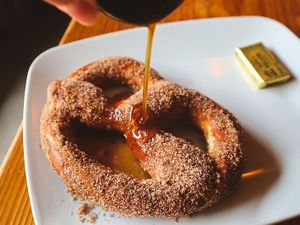 Cinnamon Sugar Pretzel - can be made vegan. Pictured with Dunkel Syrup (vegetarian) and butter. at Kansas City Bier Company in Kansas City