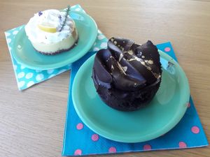 Lemon curd and chocolate mousse with cherry at Fukafe in Gdansk