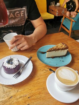 Snickers cake and cheesecake monoportion with black lilac. at Fukafe in Gdansk
