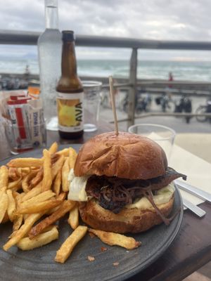 Vegan burger and alcoholic kombucha  at Le Surfing in Biarritz