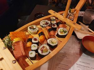 Full on vegan sushi boat platter, outstanding at Moshimo in Brighton