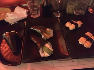 Salmon nigiri and selection of handrolls  at Moshimo in Brighton
