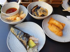 Prawn tempura, california temaki, inari pockets and aubergine dengaku at Moshimo in Brighton
