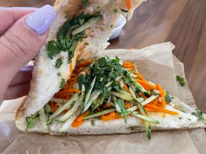 Vegetable Sesame Pancake Sandwich: Cilantro, Carrots & Cucumber. at Vanessa's Dumpling House in New York City