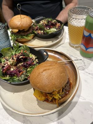 Surf and turf burger on the bottom, truffle burger on top.  at Bvrger in Montreal