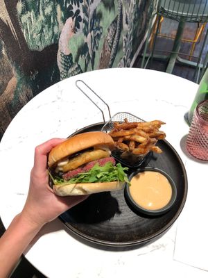 Truffle burger and fries at Bvrger in Montreal