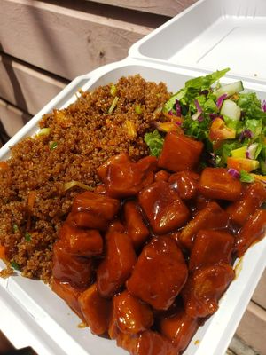 Housemade Chickfu (soy-free tofu) with Quinoa & vegetable stir-fry. at A Vegan's Utopia in Montego Bay